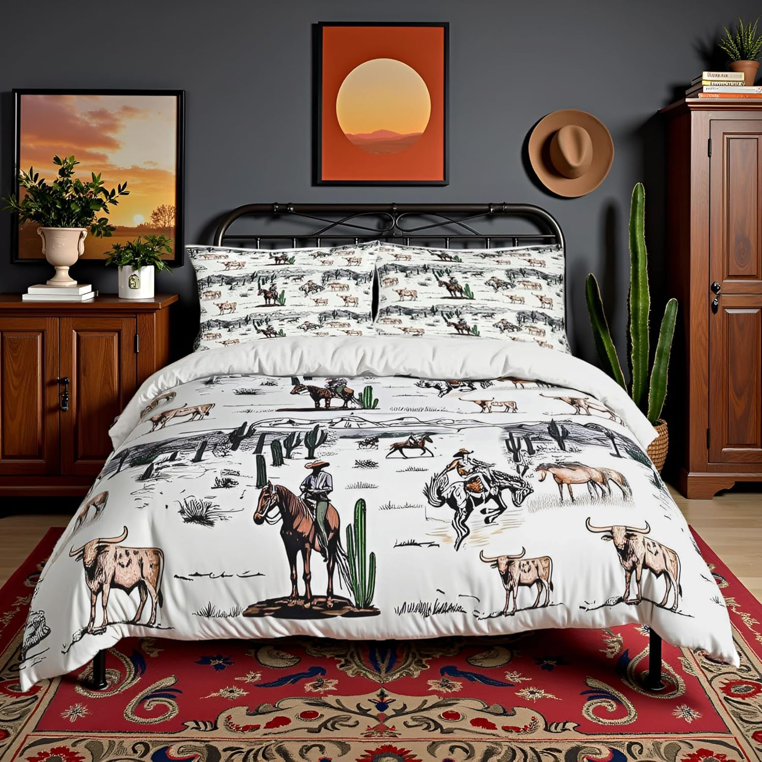 Western Cowboy Duvet Cover Set King Size,Vintage Southwest Style Comforter Cover Desert Cactus Cow Horse Animals Bedding Set for Kids Boys Girls Adult Room Decor,Grey Brown White Quilt Cover 3Pcs