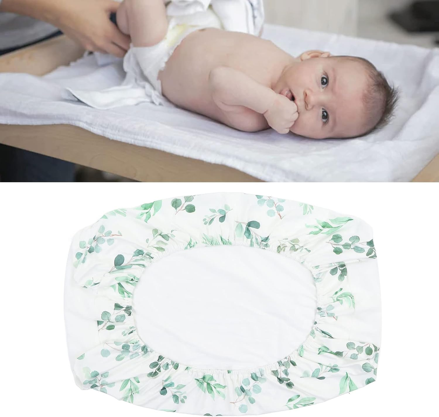 Diaper Change Table Sheets, Quick Dry Removable Comfortable Baby Changing Pad Cover Cotton Soft for Table (Green Leaves, White Plush) image number 2