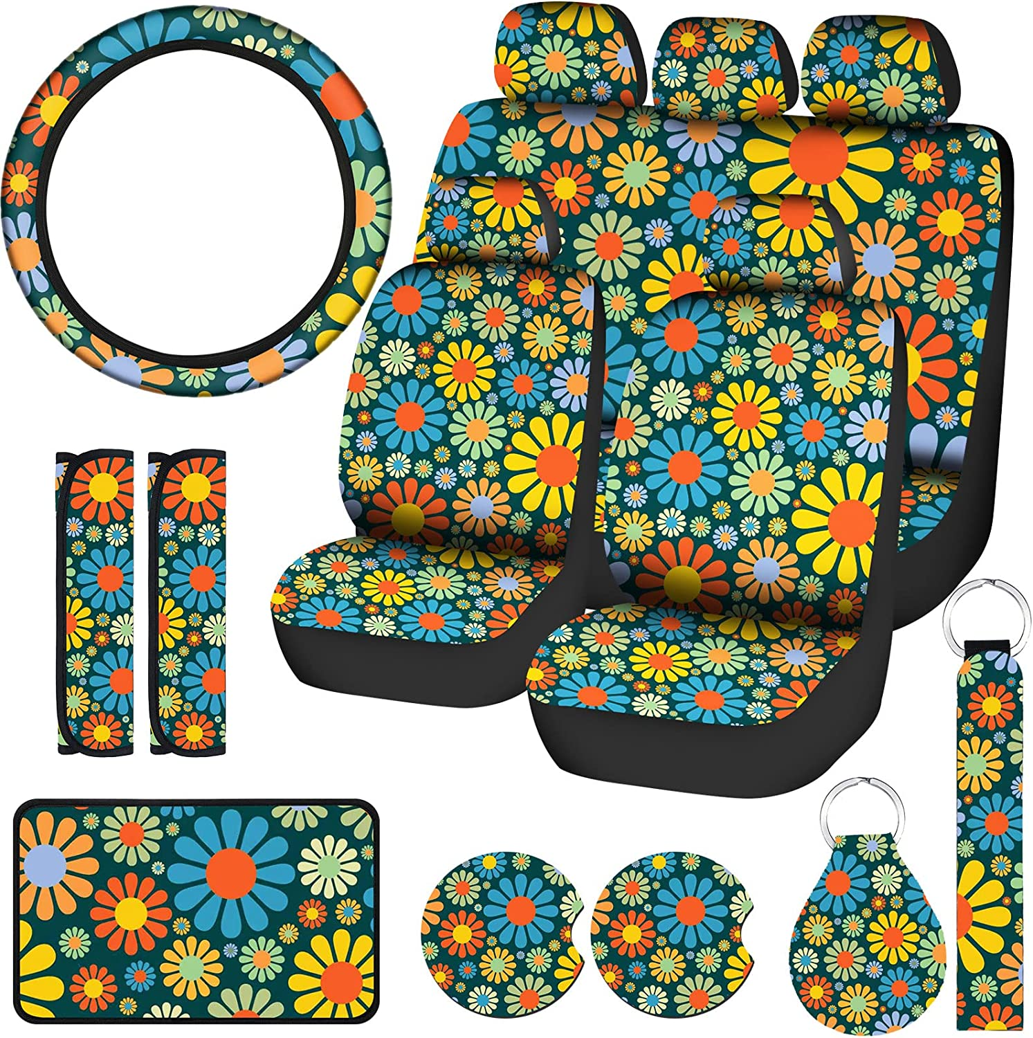 17 Pcs Hippie Flower Car Seat Cover Set Universal Car Accessories Colorful Art Floral Seat Cover Steering Wheel Cover Car Armrest Cover Cup Holder Mat Keyring Shoulder Pad Wrist Strap for Women Men image number 6