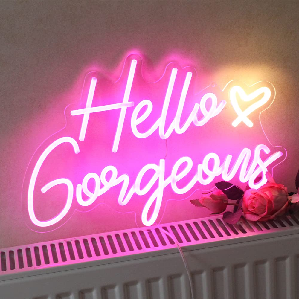 Hello Gorgeous Neon Sign Hello Beautiful Pink LED Neon Lights for Home Wedding Birthday Backdrop Bacelorette Party Wth Dimmable Switch(5V,16.5X10.6Inches)