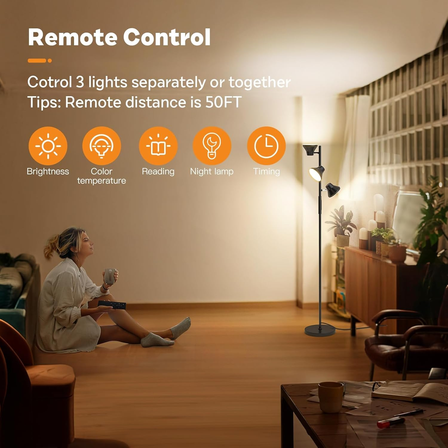 LED Floor Lamp, 36W Modern Floor Lamp with Remote & Touch Control, 4 Color Temperatures, 3 Rotatable Dimmable LED Standing Lamp for Living Room, Bedroom, Office image number 5