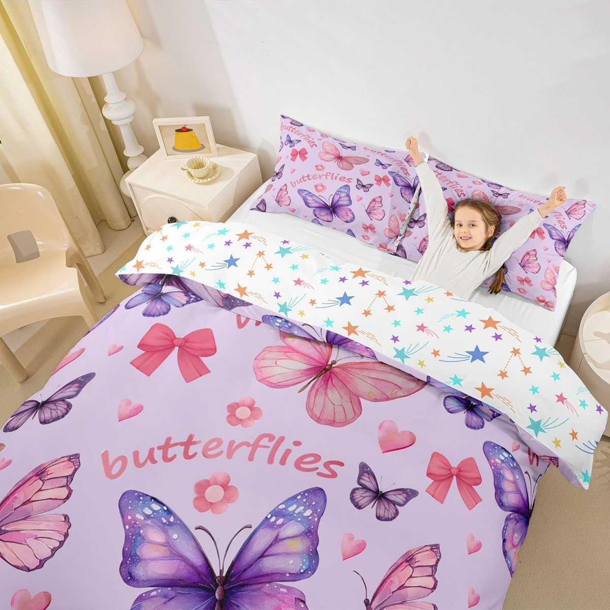 Homemissing Butterfly Duvet Cover Set Pink Bowknot Bedding Set for Boys Girls Cute Butterflies Print Bedding Set 135 X 200 Cm 2 Pieces Floral Room Decoration image number 2