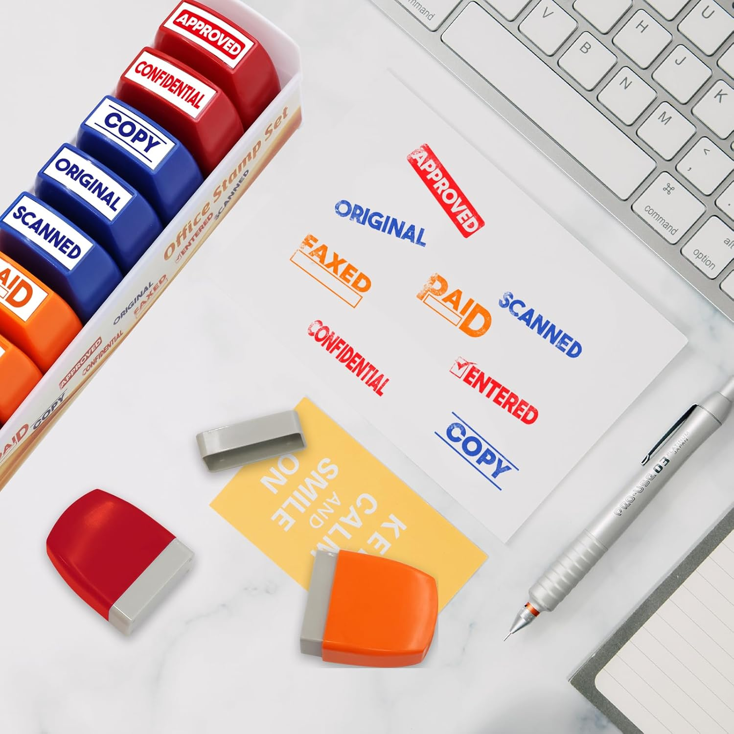 Office Stamp Set Scanned Approved Paid Completed Stamps Self Inking Business Message with Storage Tray for Coworkers Colleague Work Supplies 8Pcs image number 1