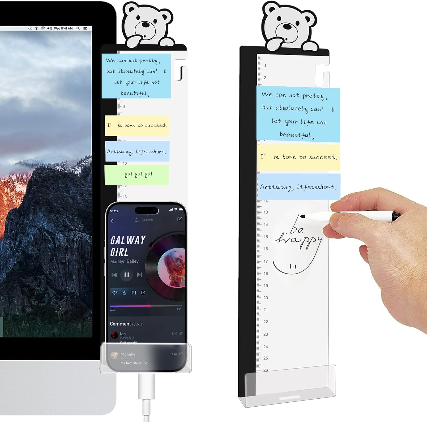 Office Desk Accessories 2Pcs Multifunction Computer Monitor Memo Board - Transparent Computer Side Panel Memo Creative Monitor Side Panel with Phone Holder Suitable for Office Home Desktop