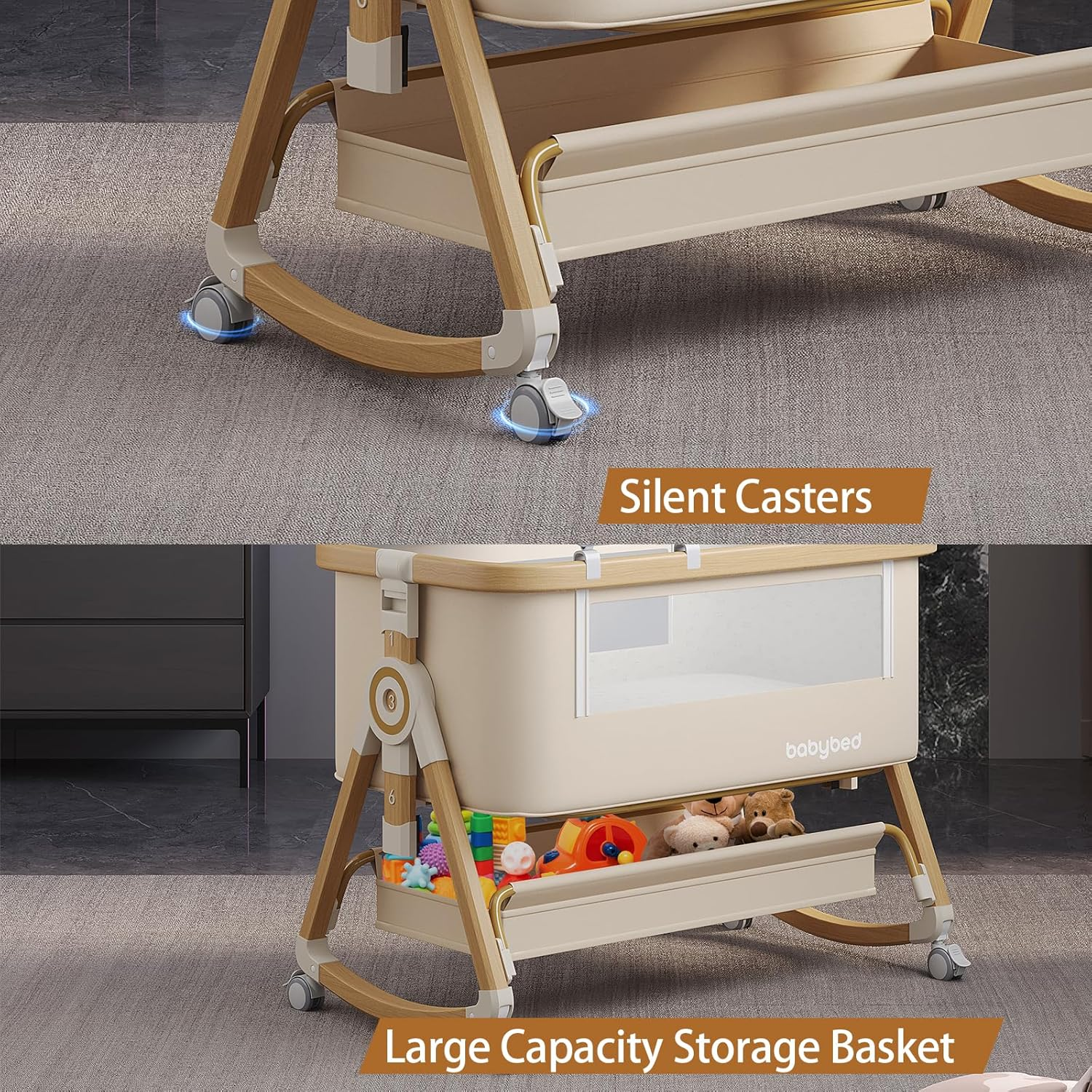 Adjustable 3 in 1 Baby Bassinets, Baby Bassinets Bedside Sleeper, Bedside Crib with Wheels, Storage Basket, Mosquito Netting,Portable Newborn/Crib image number 4