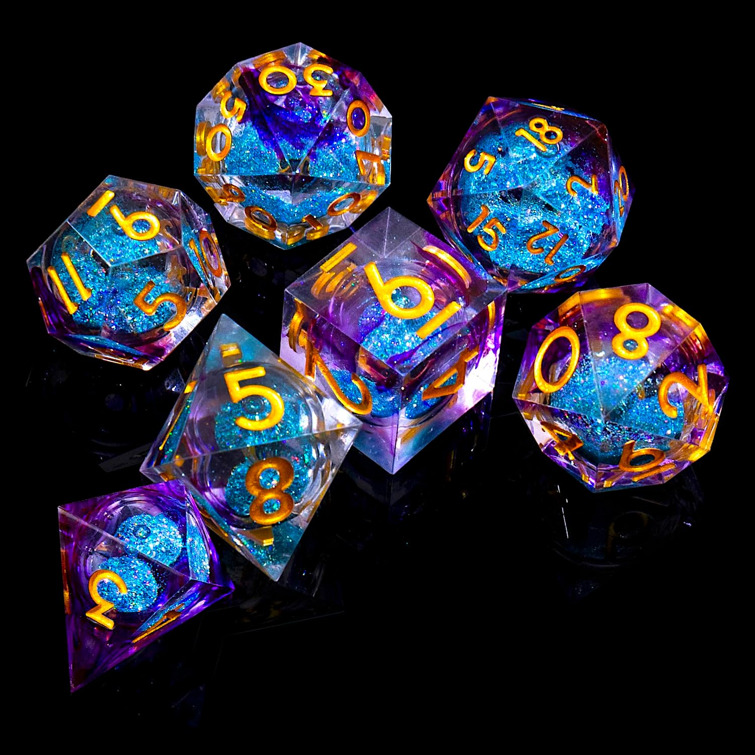 Liquid Core DND Dice Set,Sharp Edge Liquid Core Resin Handmade Cat Eye Dice with Gift Box 7 PCS for Role Playing Dungeons and Dragons Ttrpg(Purple&Blue Quicksand) - Blue Dark Cat Eye image number 2