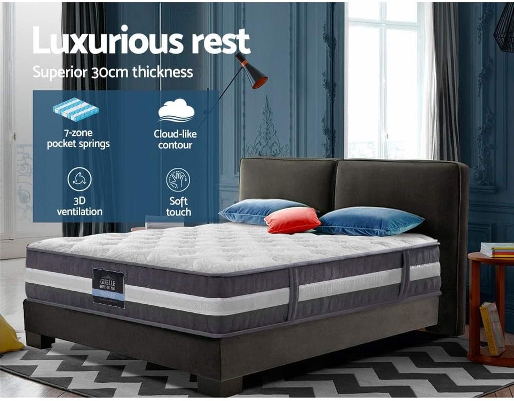 Giselle Bedding Queen Mattress Bed Mattresses Innerspring Foam 30Cm Thickness, with 7-Zone Pocket Spring System and Breathable Euro Top, 5Yrs Warranty, Medium Firm, White + Greywith Vacuum Packed image number 2