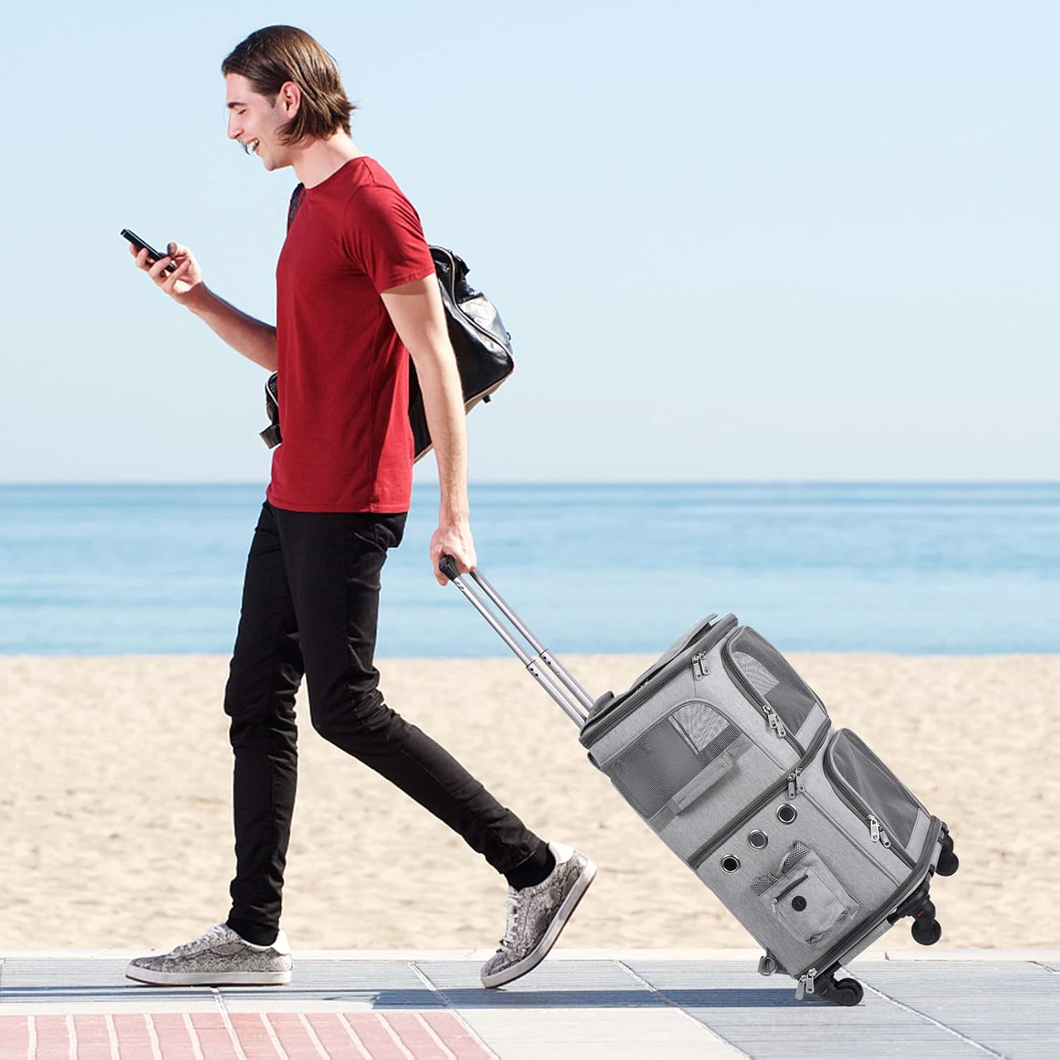 HOVONO Double-Compartment Pet Carrier Backpack with Wheels for Small Cats and Dogs, Cat Rolling Carrier for 2 Cats, Perfect for Traveling/Taking a Walk/Trips to the Vet, Grey - Grey image number 3