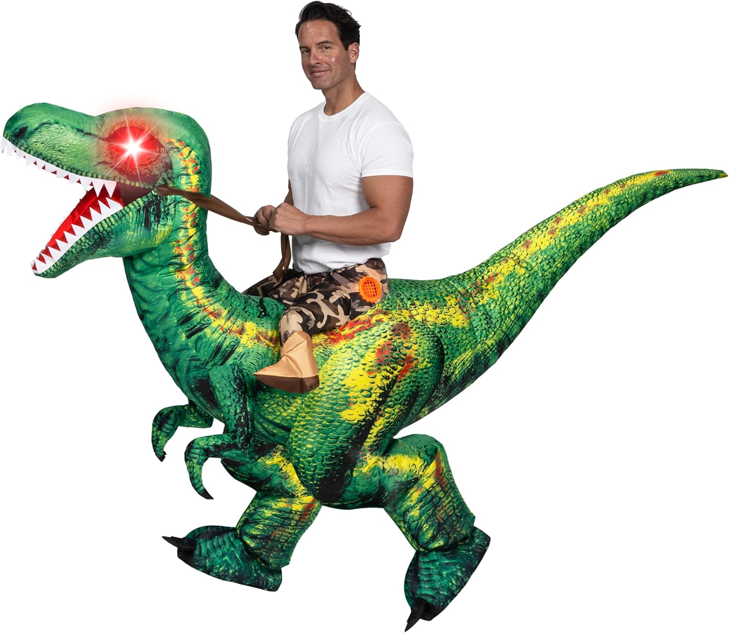 Spooktacular Creations Adult Inflatable Dinosaur Costume, Riding a Raptor Digital Printing Blow-Up with LED Light Eyes