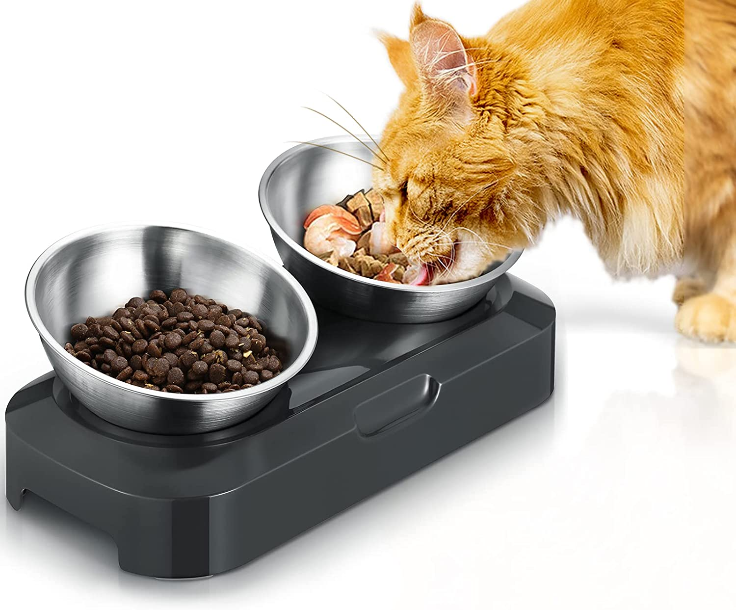 Hiumotan Cat Bowl with Stainless Steel, Non-Slip Silicone Mat Cat Feeder with 0 &15&deg; Tilting Neck Protective Bowl for Pets, Cats and Puppies Food and Water Feeding image number 4