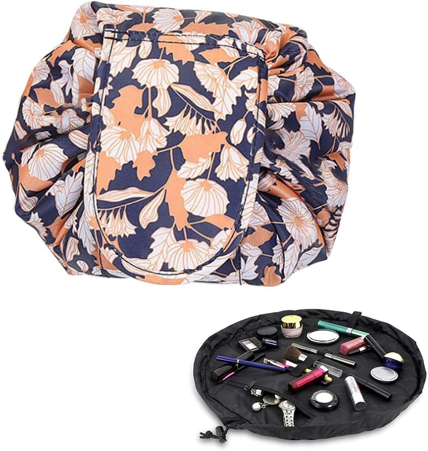 JZS Lazy Makeup Toiletry Bag, Drawstring Cosmetic Makeup Bag Organizer Portable Quick Pack Toiletry Bag for Travel, Gifts, and Daily Use(Flower and Black)