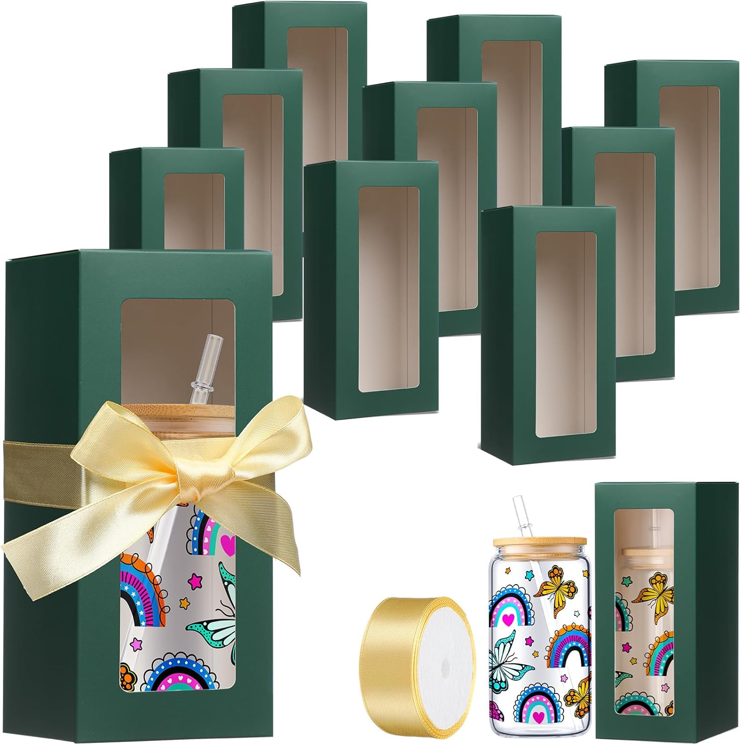 Honoson 24 Pcs Gift Boxes with Ribbon for Sublimation Glass Exhibition Boxes Transparent Gift Box for 12Oz 16Oz 20Oz Drinking Glasses Jars Sublimation Glass Can Blanks Tumbler Gift Box (White)