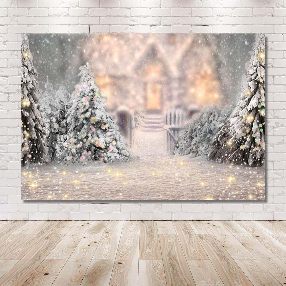 MEHOFOTO 7X5Ft Winter Christmas Tree Snowflake Photography Background Glitter Snow Scene Light Bokeh Castle Backdrops Xmas Birthday Party Photo Banner Props