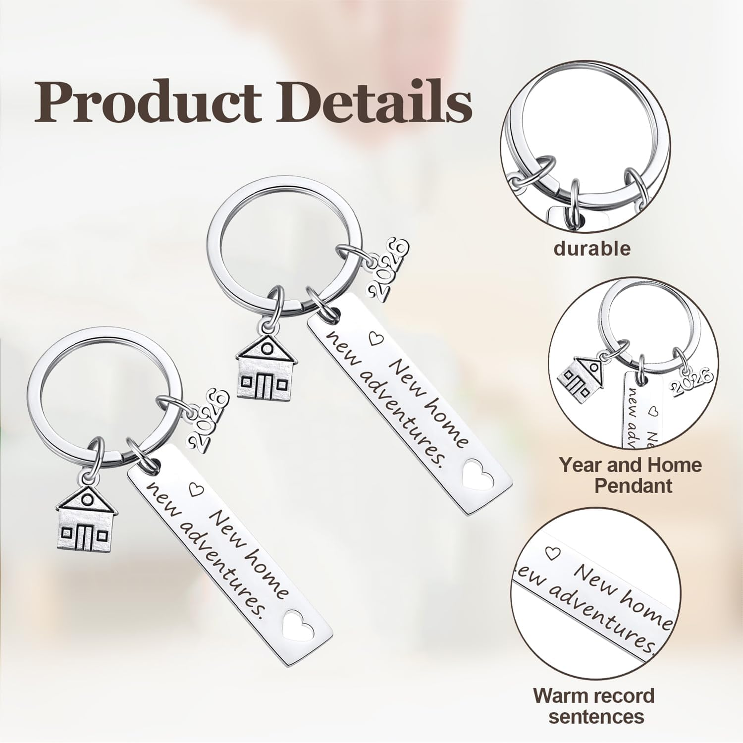 Funcyboo 2Pcs New Home Keychain, 2025 Adventures Keyrings Stainless Steel New House Keychain Housewarming for New Homeowner Sweet Home Owners image number 3