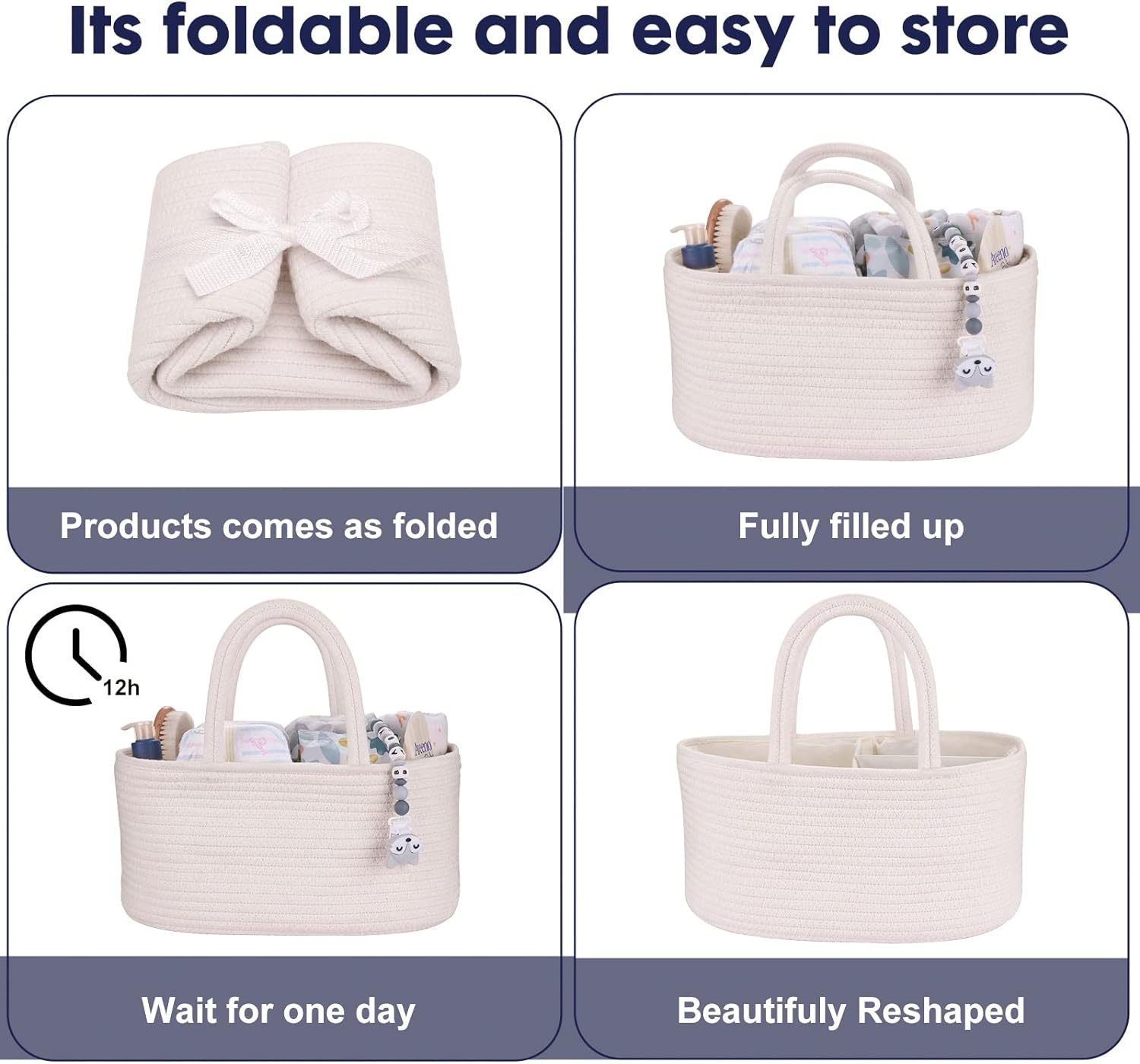 Baby Diaper Caddy Organizer for Girl Boy Cotton Rope Nursery Storage Bin Basket Portable Holder Tote Bag for Changing Table Car Travel Baby Shower Gifts Newborn Essentials Registry Must Haves White