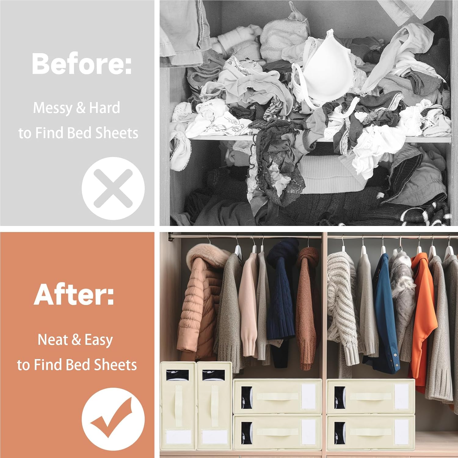 6 Pack Bed Sheet Organiser and Storage, Foldable Bedsheet Organizer for Linen Closet, Sheet Set Organiser with Window XL (Queen & King Size) Organizing Bedding Container Box, Beige image number 3