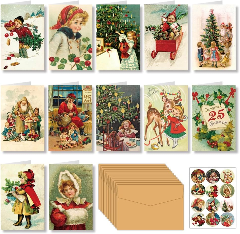 Suithink 12 Pack Vintage Christmas Greeting Cards, Christmas Cards Retro Xmas Greeting Cards with Stickers Envelopes Vintage Blank Note Cards for Christmas Baby Shower Birthday Party Supplies image number 5