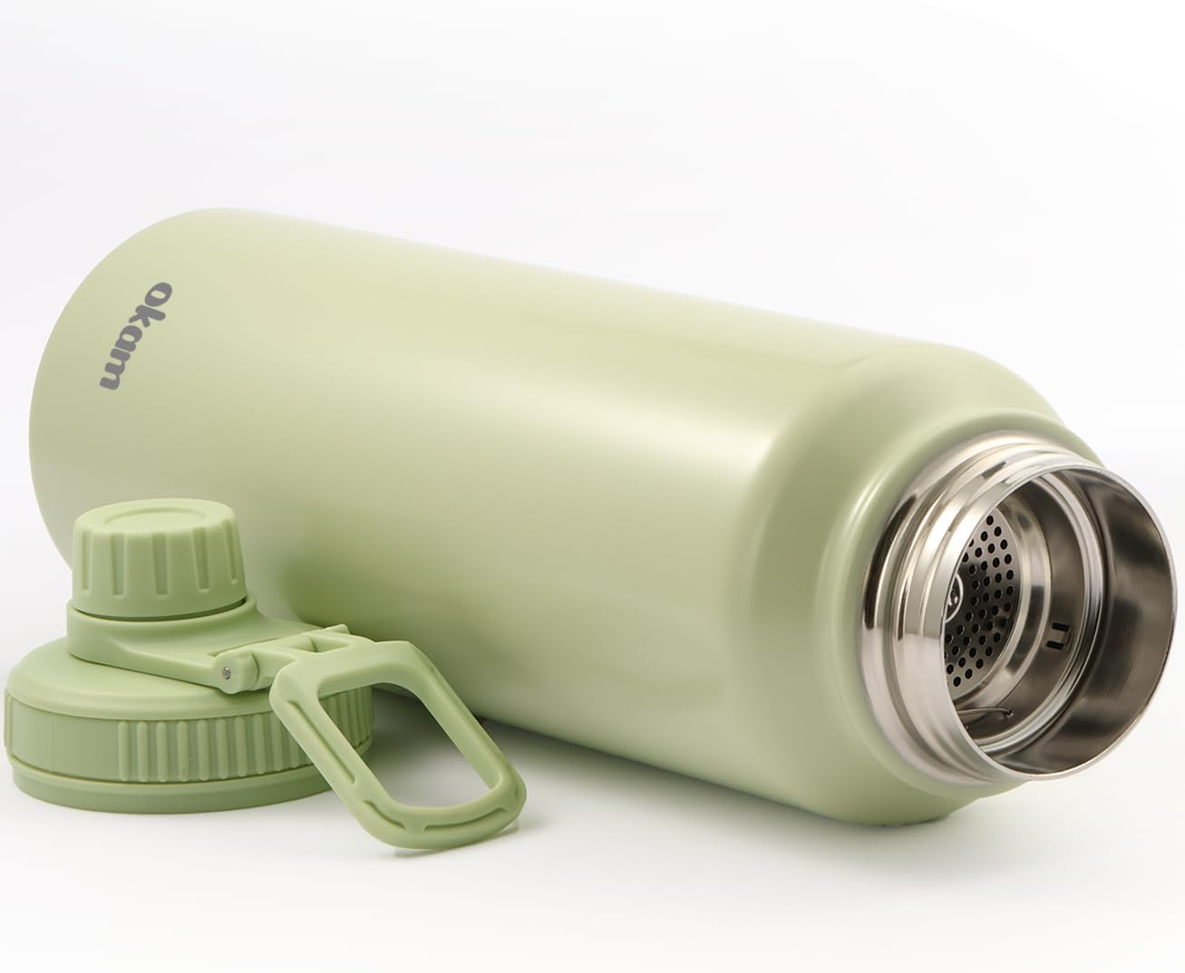 Okam 1L Drink Bottle Leak Proof Tea Infuser Bottle, Black - Stainless Steel Double Layer Vacuum Insulated - Dual Drink Hole, Tea/Fruits Strainer - Handle-For Hot/Cold Water, Tea, Infuser Travel Bottle