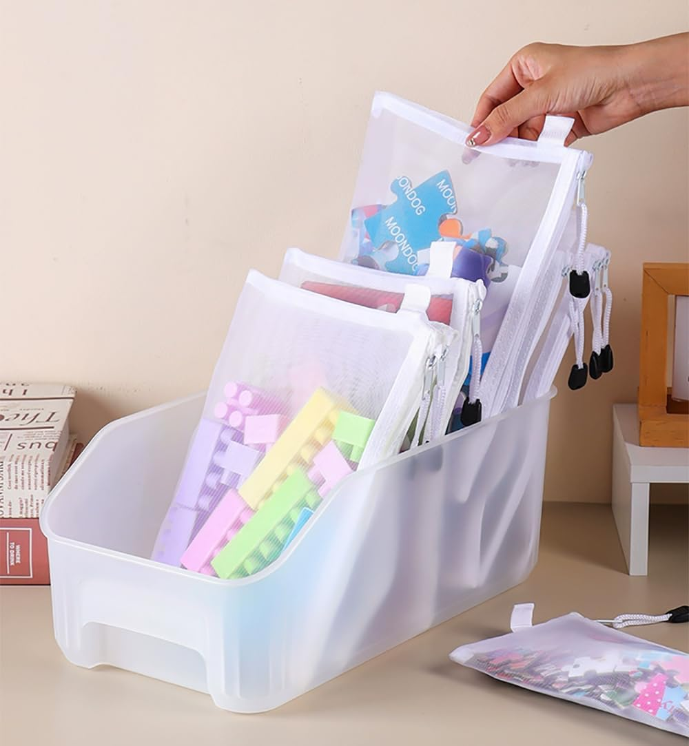 PQCLXUYA 12 Pcs Clear Mesh Zipper Pouches,Puzzle Building Block Sets Toy Storage & Organization,Multipurpose Nylon Pouch for School Supplies, Puzzles & Games Organizing Storage(A4+A5+A6) image number 1