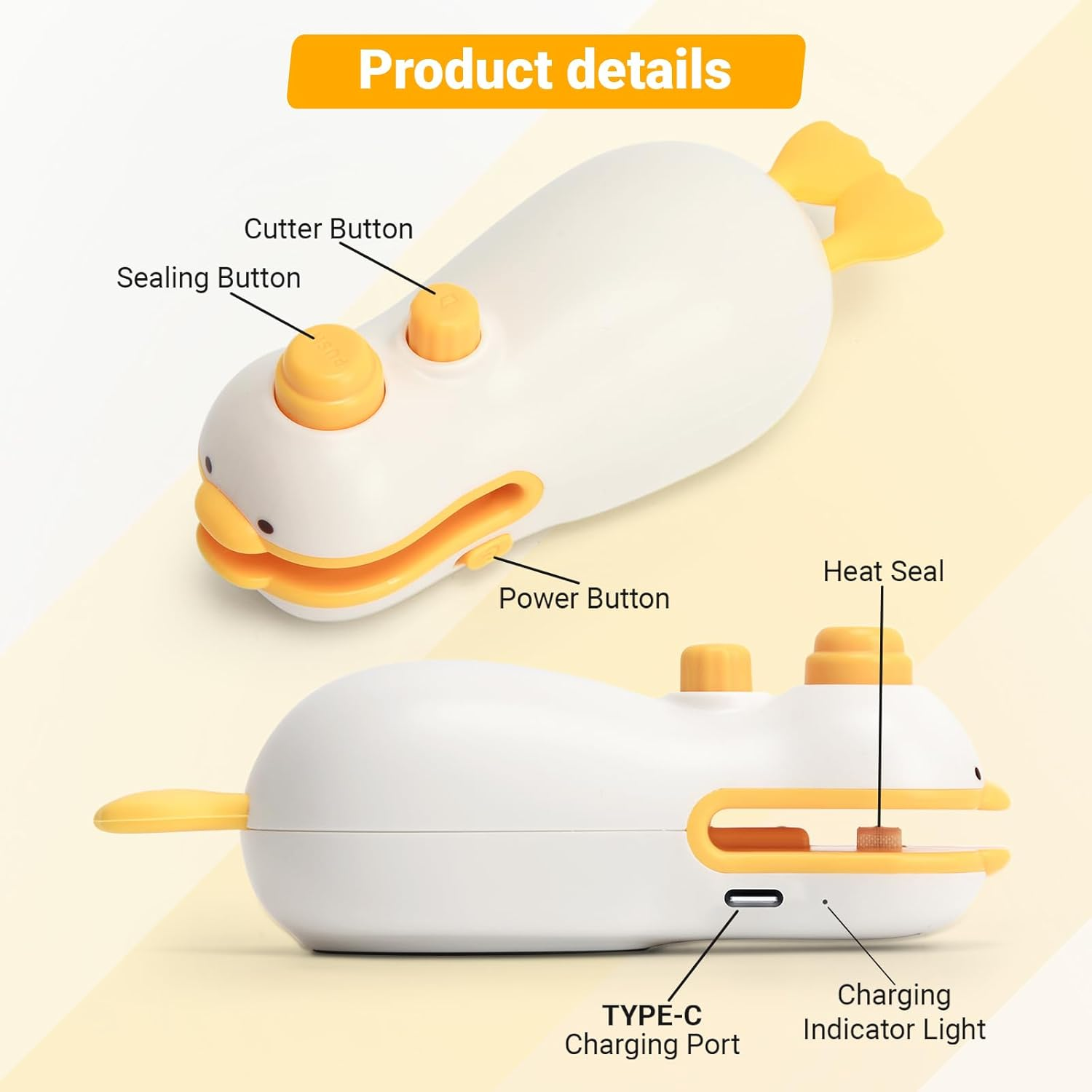 3-IN-1 Mini Bag Sealer, Magnet Heat Sealer with Cutter, Rechargeable USB-C Mini Bag Resealer Machine for Chip Bags Snack Bags Portable Cute Duck Design image number 3