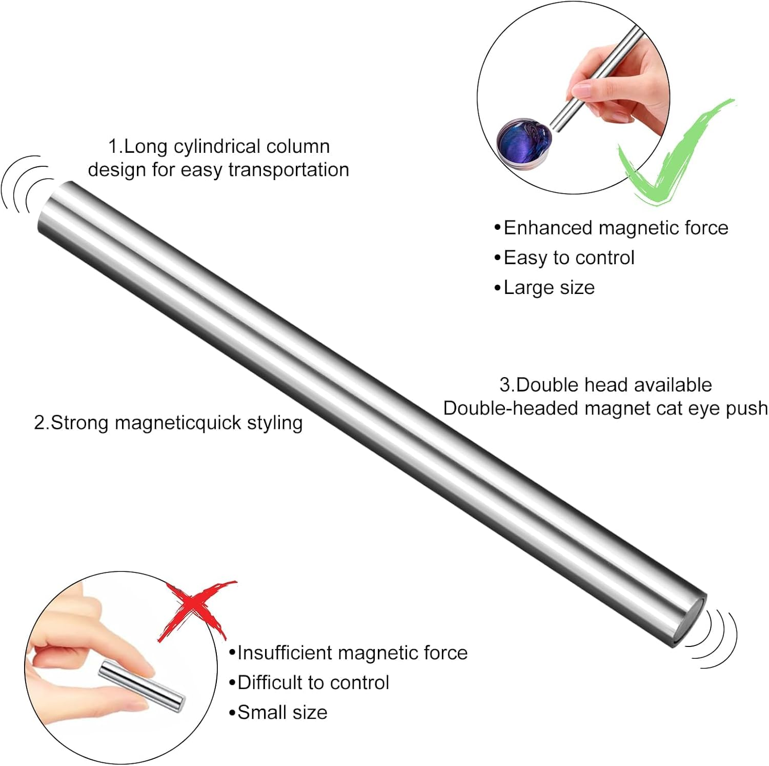 2 Pack Cat Eye Magnet for Nails, Nail Art Magnet Pens Long Double-Head Magnet Sticks Cat Eye Design Tools for Home DIY, Salon, Studio image number 5