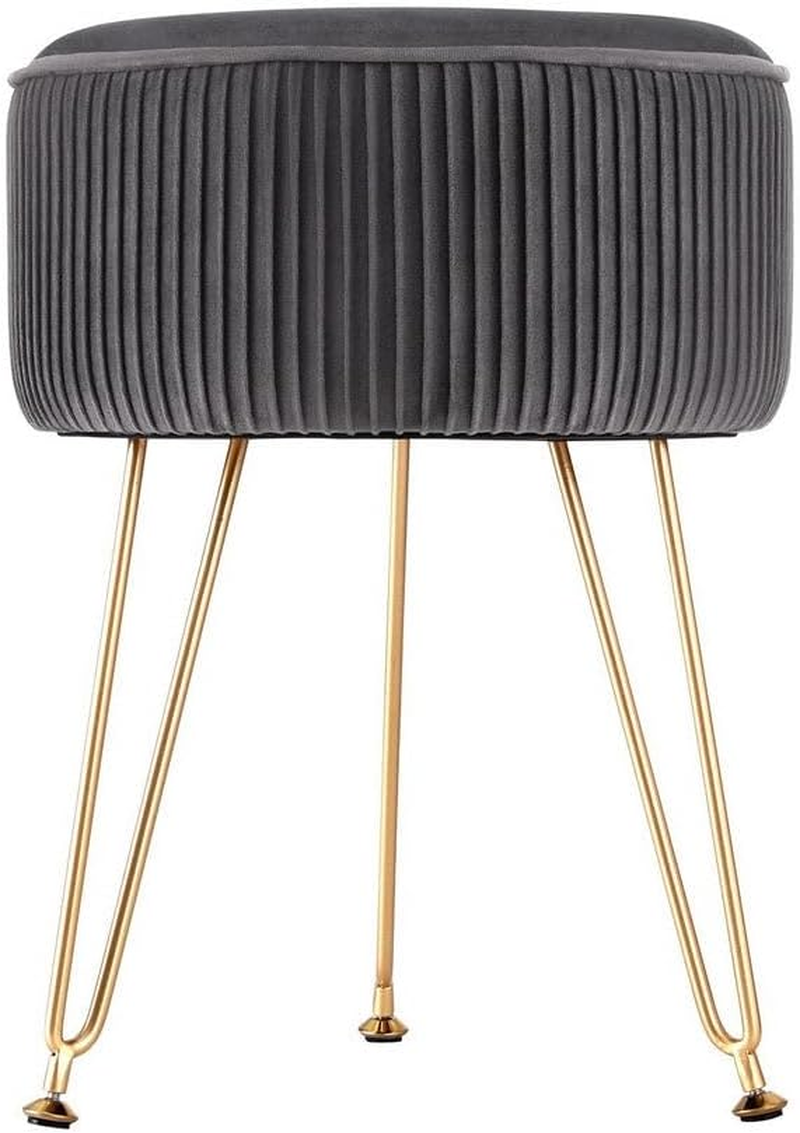 Artiss Ottoman Foot Stool, Velvet Lounge Foot Pouf Make up Vanity Stool, Vertical Stripe Padded Seat Home Decor Bedroom Hallway Office Living Room, round Grey image number 2