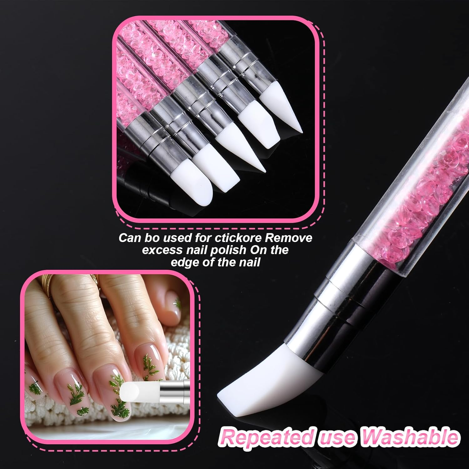 5 Pcs Nail Art Sculpture Pen, Dual Tipped Silicone Nail Tools, Silicone Head Acrylic Handle Nail Art Brushes, Rhinestone Nail Polish Carving Pen, Nail Art Tools for Home Salon (Pink) image number 3