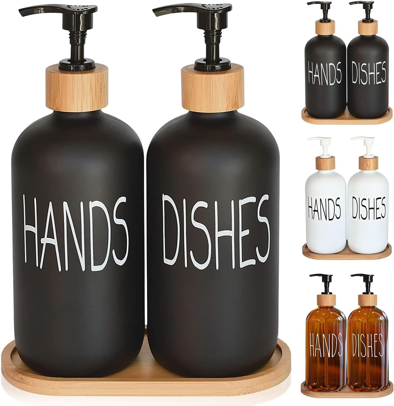 Black Glass Hand Soap and Dish Soap Dispenser Set with Bamboo Lid & Tray, Kitchen Set Suitable for Black and White Kitchen Decor (Black &Tray)