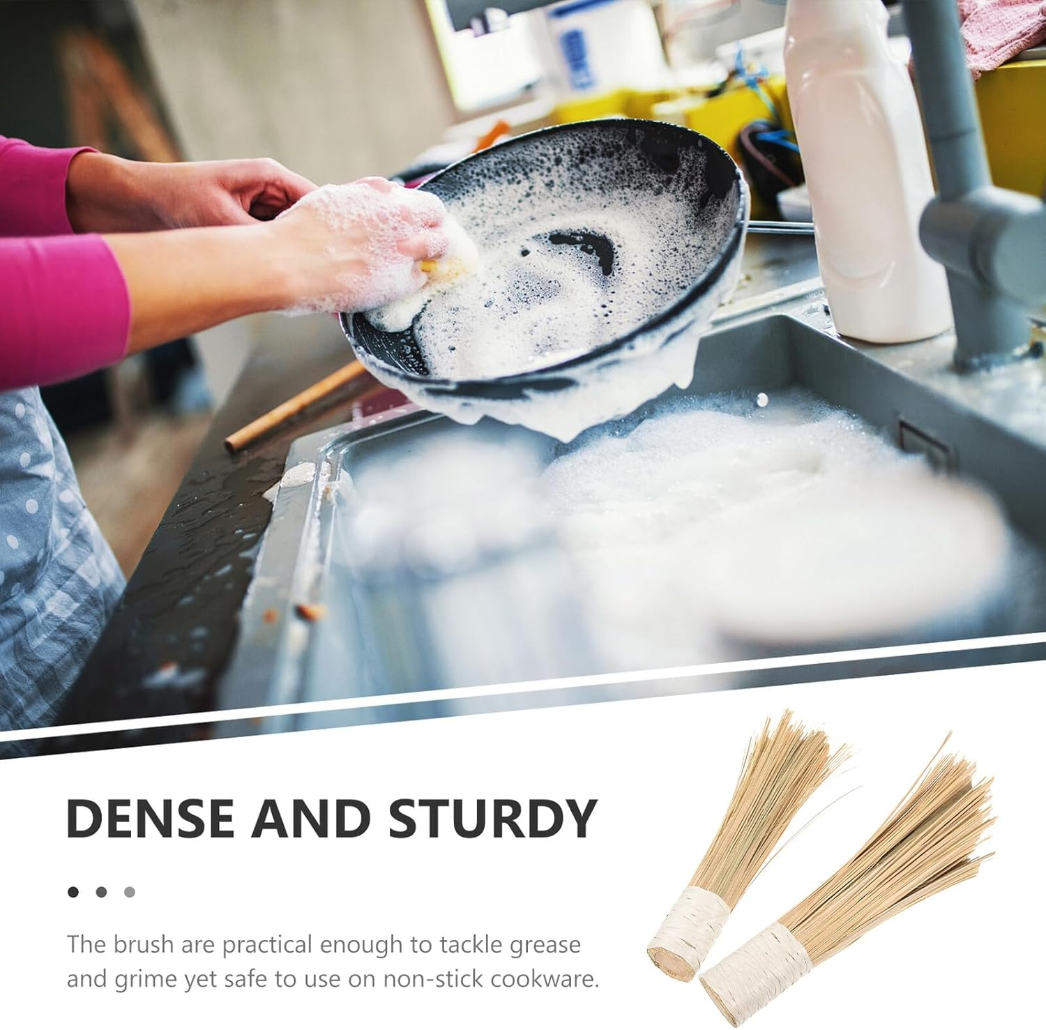 WEKADRIN 2Pcs Bamboo Wok Brush Cleaning Scrubbers with Comfortable Non-Slip Handle for Heavy-Duty Kitchen Use Non-Stick Cookware and Dishes image number 3