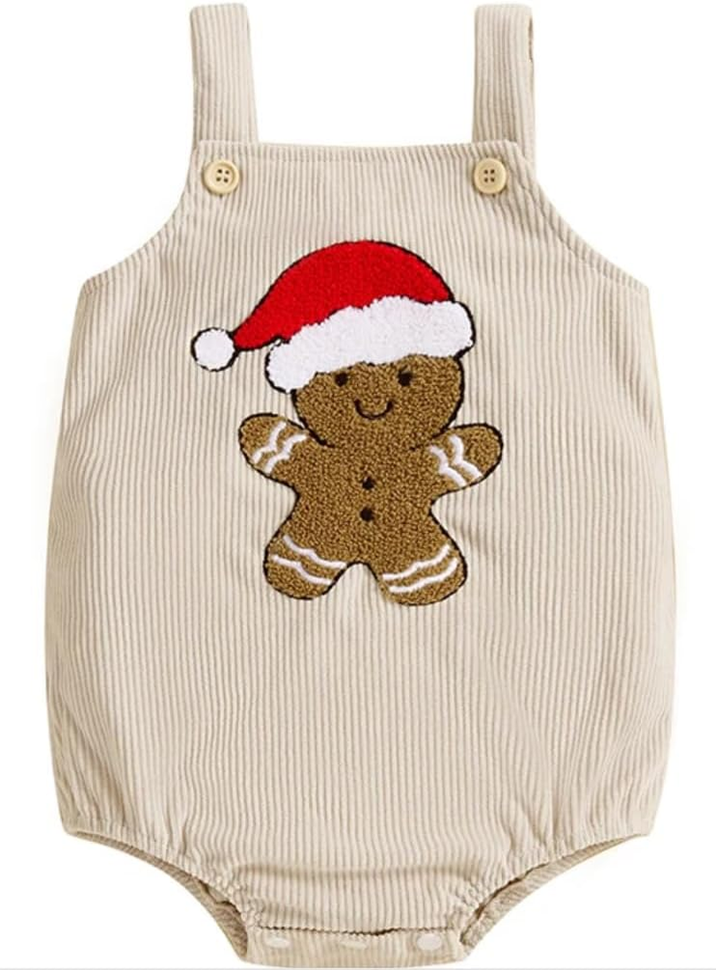 Baby Christmas Festive Romper, Beige Burgundy Green Corduroy with Gingerbread Reindeer Tree Design for Newborn Infant Toddler Unisex 0-18 Months image number 3