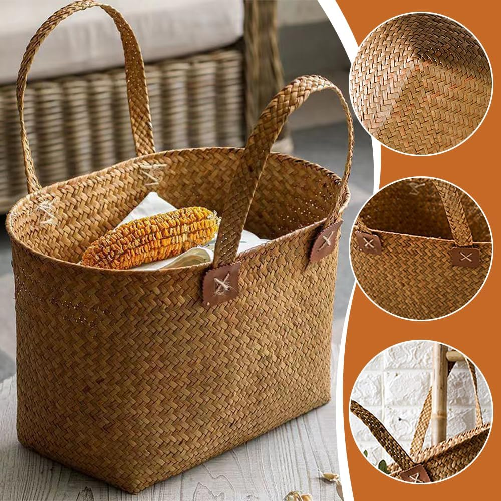 Handwoven Grass Storage Basket/Grocery Bag,Environmentally Friendly Shopping Bag Seagrass Tote,Basket for Decoration,Picnic, Groceries and Toy Storage image number 6