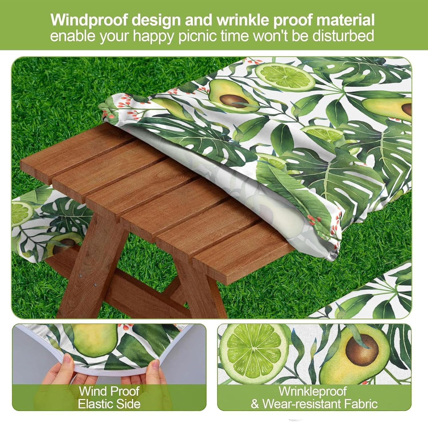 Gupcaqosjw Fitted Picnic Table Cover,6Ft Rectangle Outdoor Tablecloth Waterproof Windproof - Car Travel Must Haves, Elastic Outdoor Supplies, Avocado Pattern image number 5