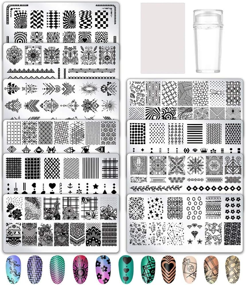 Birdsunshine 10 Pcs Nail Stamping Plates, Flowers, Lace, Geometric Patterns Nail Art Stamping Templates Manicure Tool Kit, with 1 Stamper and 1 Scraper image number 1