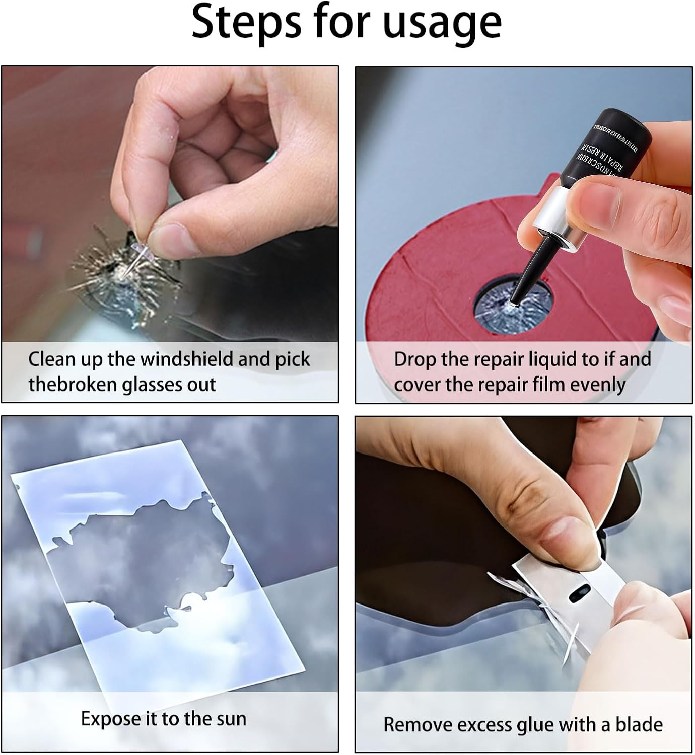 Windshield Repair Kit, Diy Glass Crack Repair Liquid, Scratch Repair Resin Kit, for Bullseye, Half-Moon, Spider Web, Star and Long Line Cracks - Containing Resin, Syringe, Curing Film image number 5