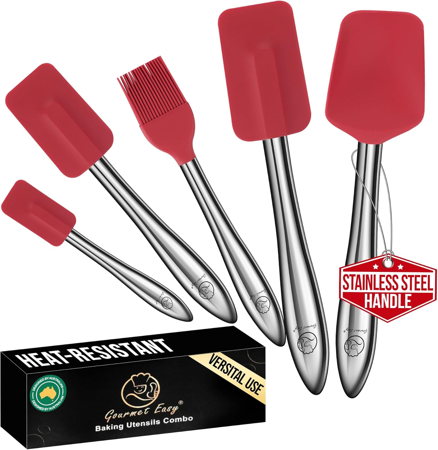 5Pcs Silicone Spatula Cooking Utensils Set with Stainless Steel Handles, Premium Heat-Resistant Kitchen Utensils for Baking, Spoonula & Silicone Brush Included, Safe for Nonstick Cookware (Red)