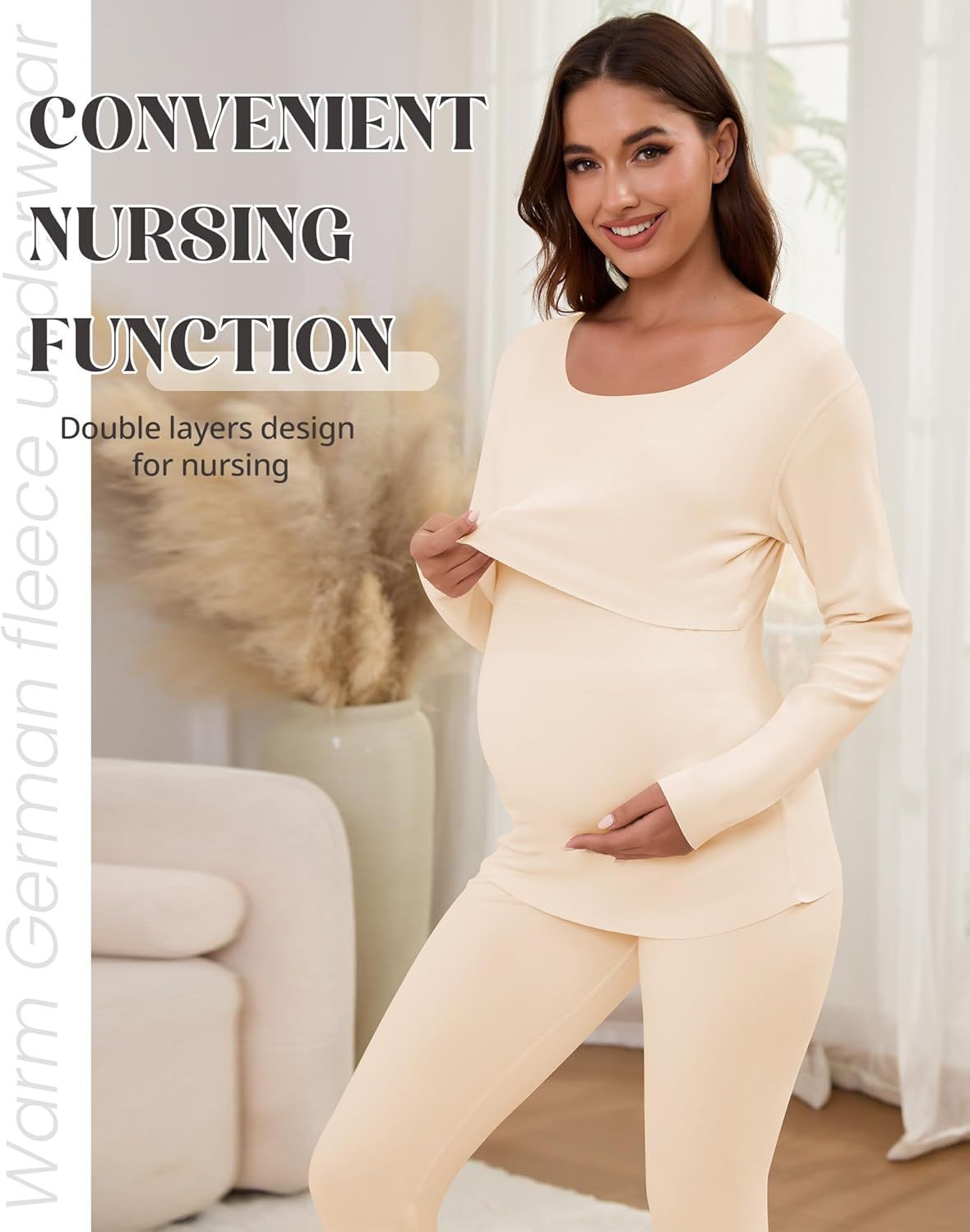 Patelai 2 Pack Thermal Nursing Underwear for Women Maternity Pajama Set Breastfeeding Sleepwear Fleece Lined Pregnancy Set image number 3