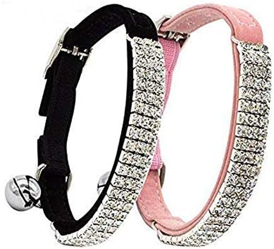 CHUKCHI Soft Velvet Adjustable Cat Collar with Rhinestones and Bell - Pack of 4 - Black, Pink, Red, Black - Blue image number 2