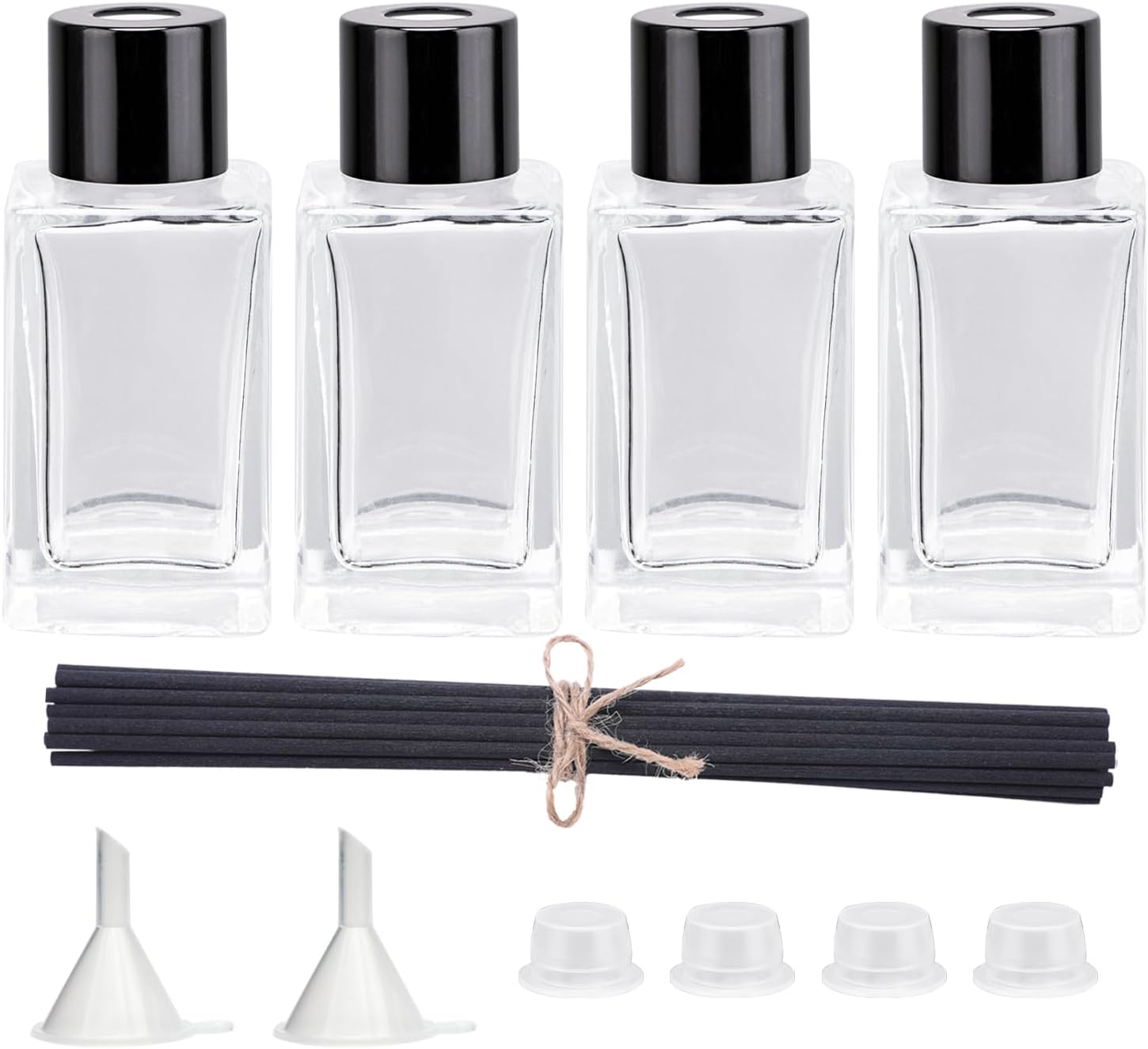 4PCS Empty Glass Fragrance Reed Diffuser Bottles, Refillable Diffuser Bottles with 20Pcs Reeds Sticks & Black Caps & Funnel, Diffuser Jars for Home Oil Fragrance Decoration (50ML)