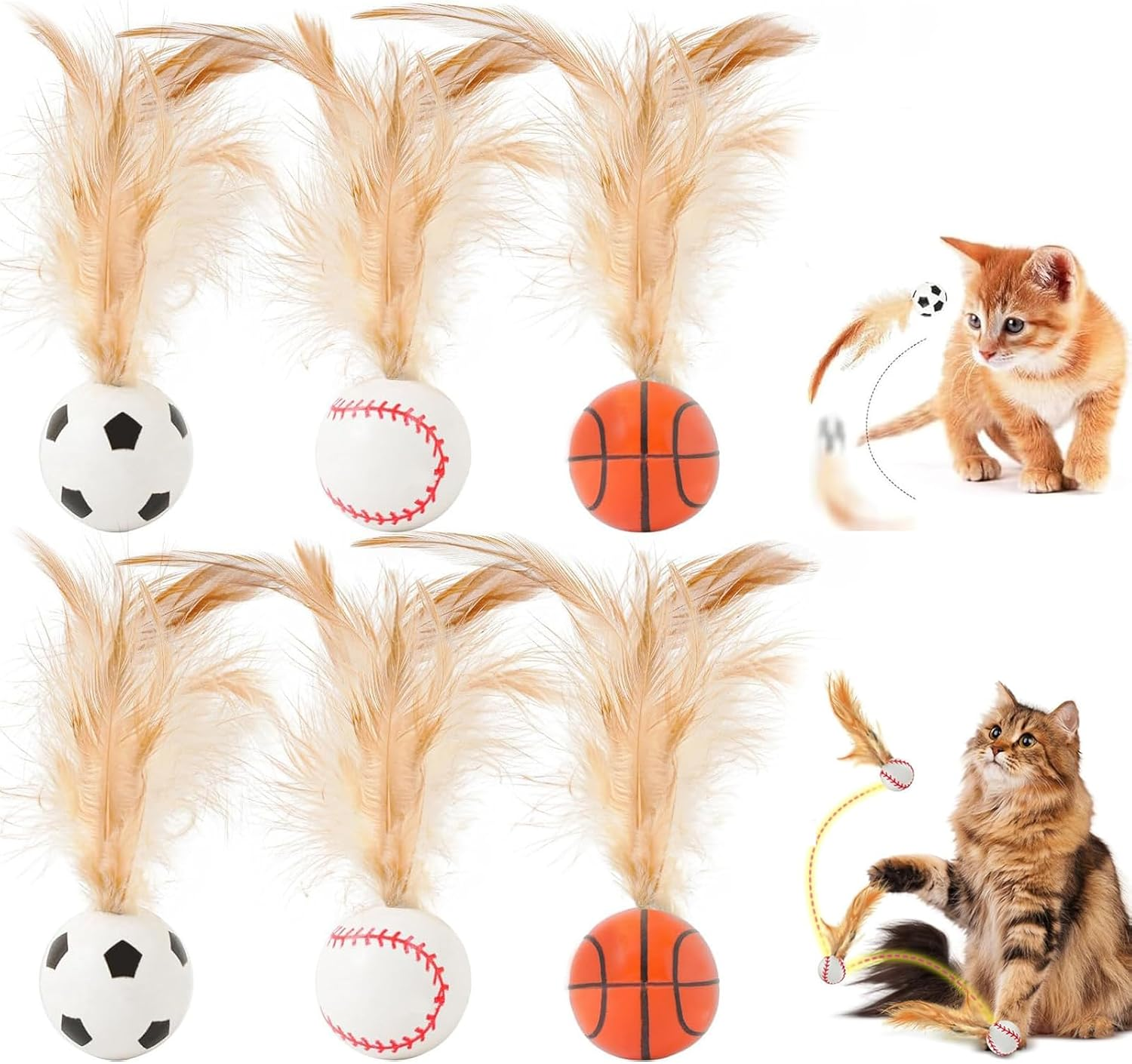 6PCS Interactive Feather Ball Toy for Cats, New Cat Bouncy Ball with Feather Tails, Elastic Cat Toy Balls Silicone Rolling for Indoor, Rolling Balls for Cats Playing Exercise