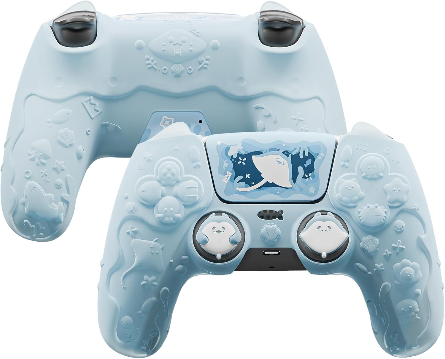 Playvital for PS5 Controller Cover Skin - Cute Ocean Whisper Series Semi-Clear Silicone Case for PS5 Controller with Thumb Grip & Sticker, Charging Station Compatible, Full Protection - Mint Blue