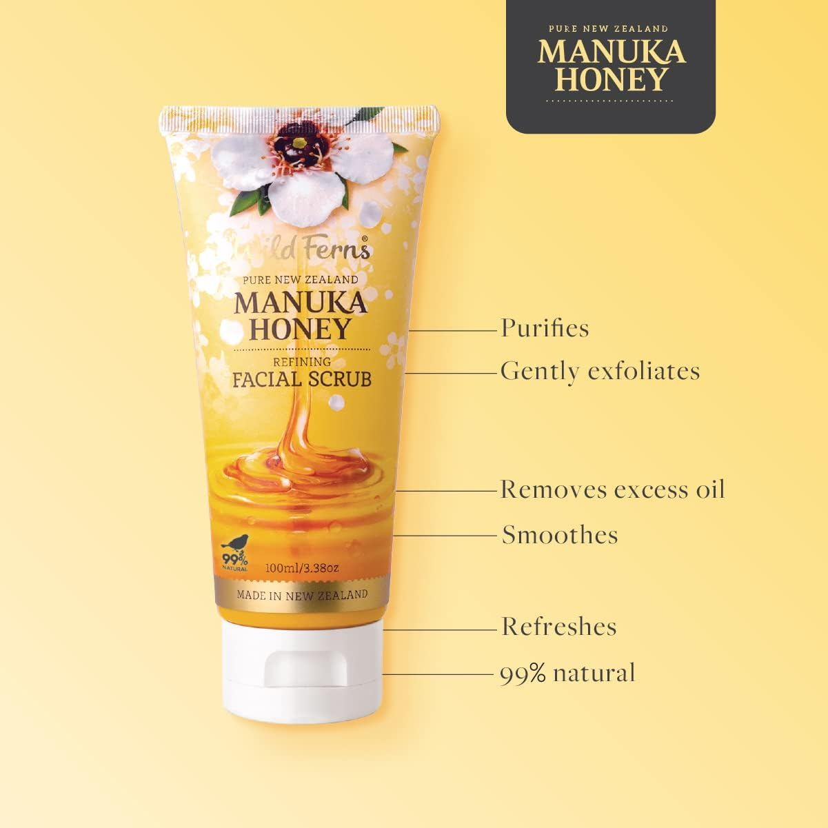 Wild Ferns Manuka Honey Refining Facial Scrub, 99% Natural, 100Ml image number 2