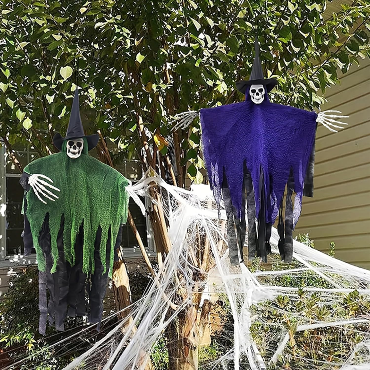 Halloween Decorations Outdoor, 2 Pack Halloween Hanging Witch, 41Inch Hanging Skeleton Ghost,Scary Flying Ghost with Wizard Hat for Haunted House Decor, Patio Porch Skull Prop (Purple+Green) image number 2