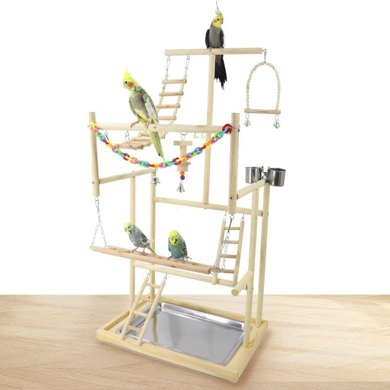 Bird Playground, 3 Layers Wood Bird Playground Perches with Swing,Parrot Playstand Bird Perch Stand,Birds Climbing Ladder Toys,Bird Training Play Stands Bird Play Stand image number 5