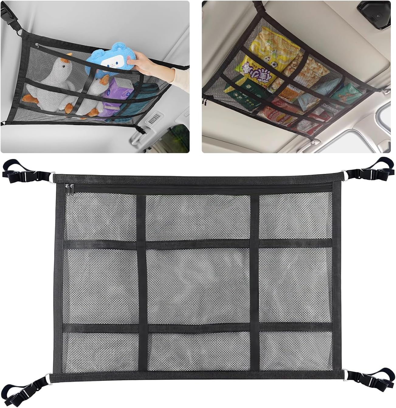 Travel Cargo Net SUV Ceiling Cargo Net Pocket，80 X 55 Cm Adjustable Double Large Car Ceiling Storage Net, Mesh Car Roof Organizer Long Trip Storage Bag for SUV Long Trip Camping (Black) image number 6