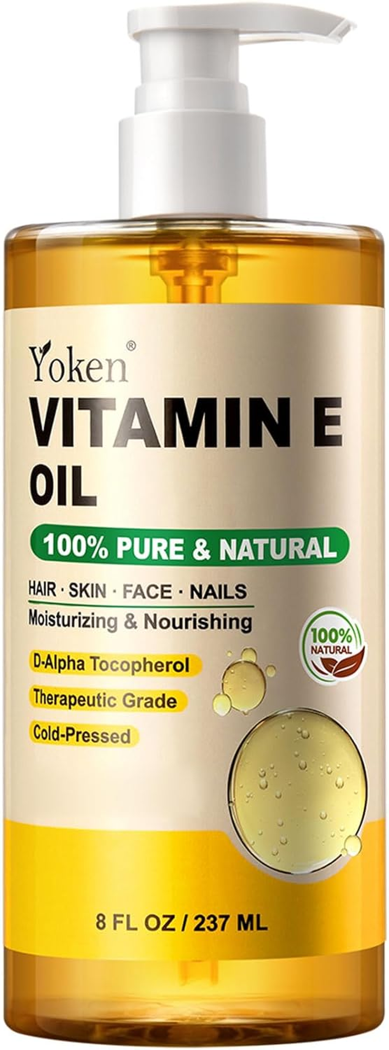 Yoken Vitamin E Oil 8 Fl Oz Organic Vitamin E Oil for Skin Vitamine Oils for Scars Hair,Face,Nail,Scalp Perfect Bath and Body Oil Cold Pressed Hexane Free Non-Gmo Gluten Free Formula image number 4