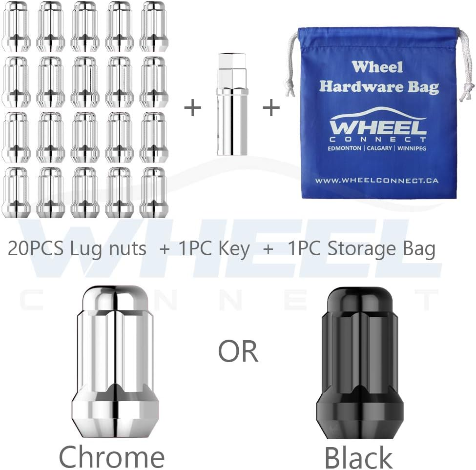 WHEEL CONNECT Spline Lug Nuts, Acorn for Conical Seat. 12X1.5, Thread, Set of 20 with 1 Key and 1 Storage Bag, for Aftermarket Custom Tuner Wheel, Black Finish.M 12 X 1.50
