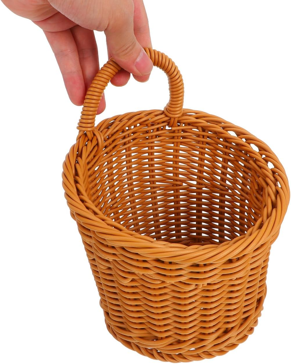 2Pcs Small Hanging Storage Baskets Plastic Pantry Wicker Woven Baskets Wall Mount Basket with Hook Decorative for Organizing Easter Egg Brown image number 4