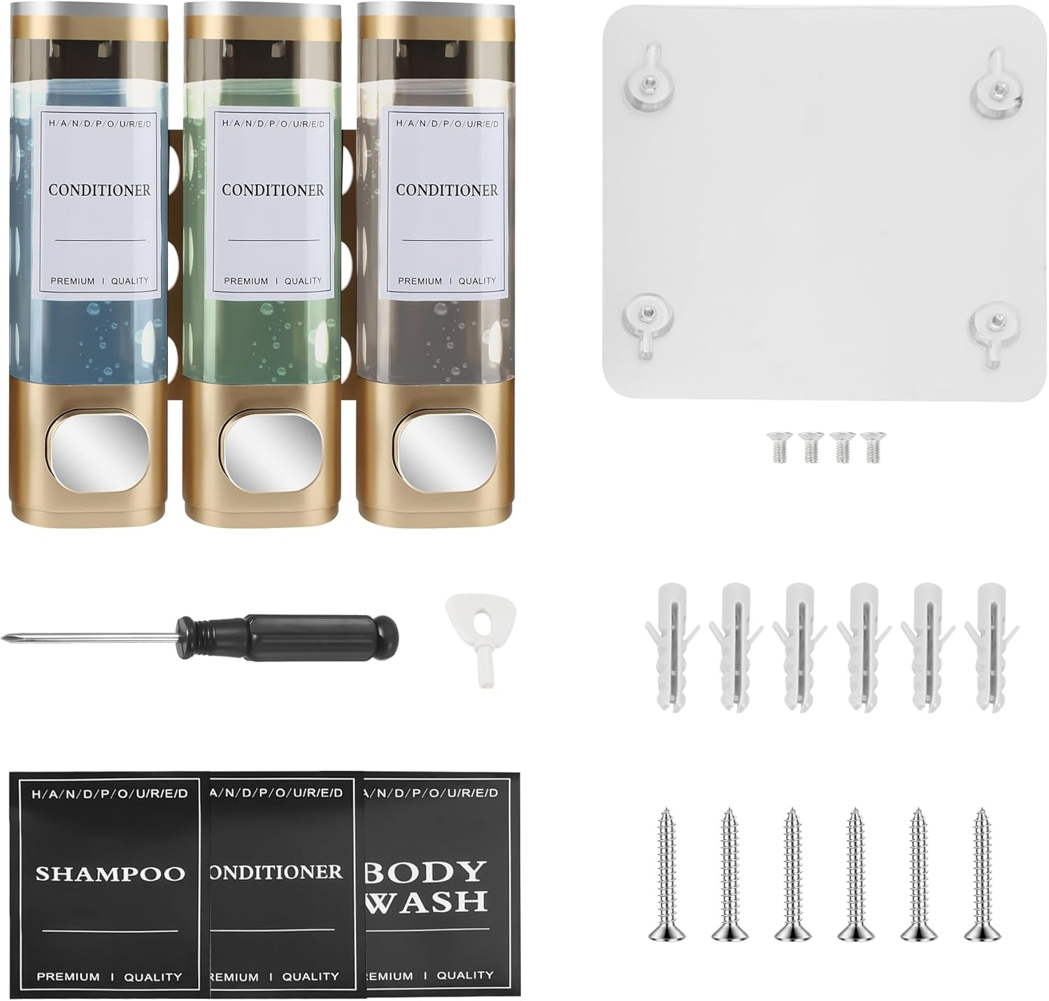 MEKOTRIN Soap Bathroom Shower Dispenser 3&times;300Ml Chamber Liquid Soap Lotion Gel Label Lock Wall Mounted Dispenser 5 Colors(Gold) - Gold image number 2