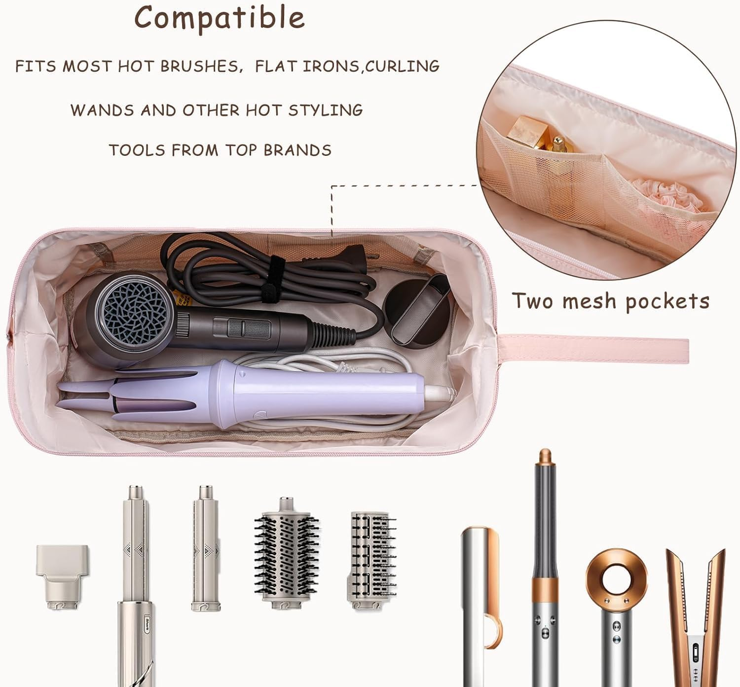 Hair Tools Travel Bag, Large Quilted Storage Case with Bow, Waterproof Organizer for Hair Dryer, Curling Iron, Straightener, Hot Air Brush and Styling Tools (Beige) image number 1