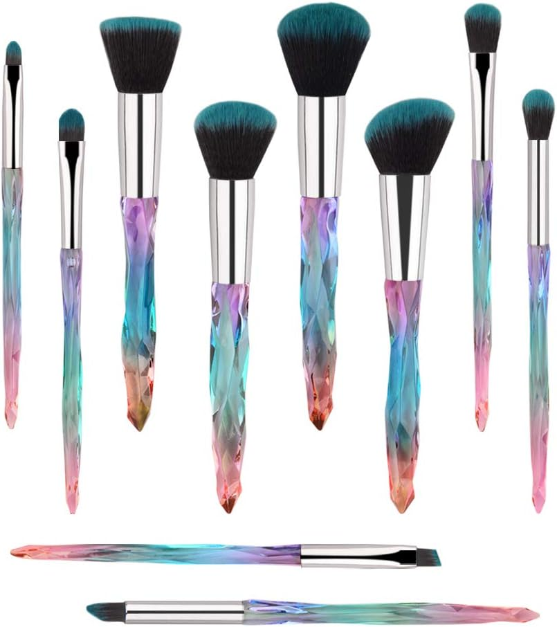 Makeup Brushes, 10Pcs Professional Cosmetic Brush Set Special Shiny Foundation Face Powder Brush Eyeshadows Blending Blush Brushes Colorful Plastic Handle (Blue)